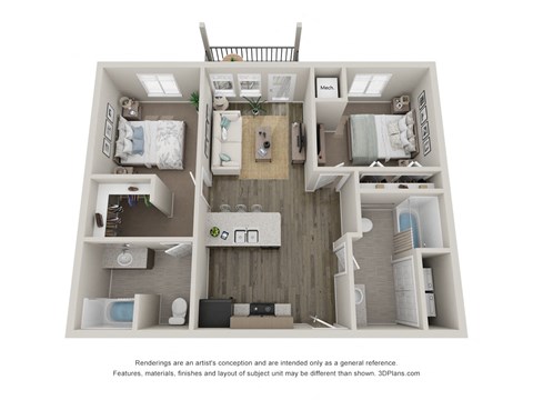 Floor plan for 2 beds, 2 baths, 937 sqft